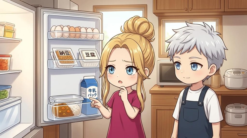 A puzzled blonde woman and a silver-haired man stand in front of an open refrigerator filled with food in a bright home kitchen.