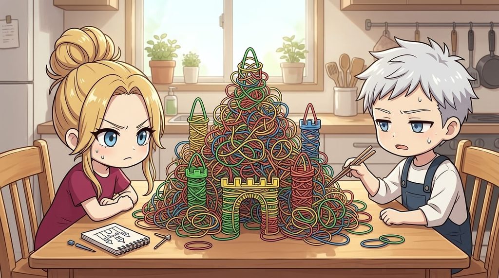 Gusha and Kenja stare at a huge tangled pile of rubber bands on a kitchen table as if it were holding a meeting.