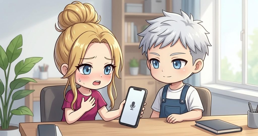 A nervous blonde woman tries to speak into her smartphone while a silver-haired man watches calmly beside her.