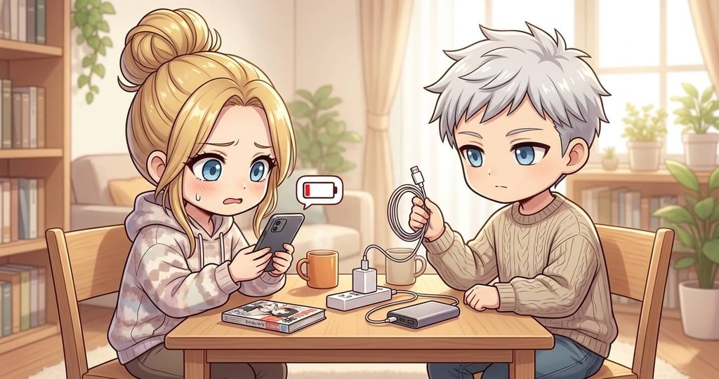A worried blonde woman stares at her nearly empty smartphone battery while a silver-haired man calmly holds a charging cable beside a table with a power bank.