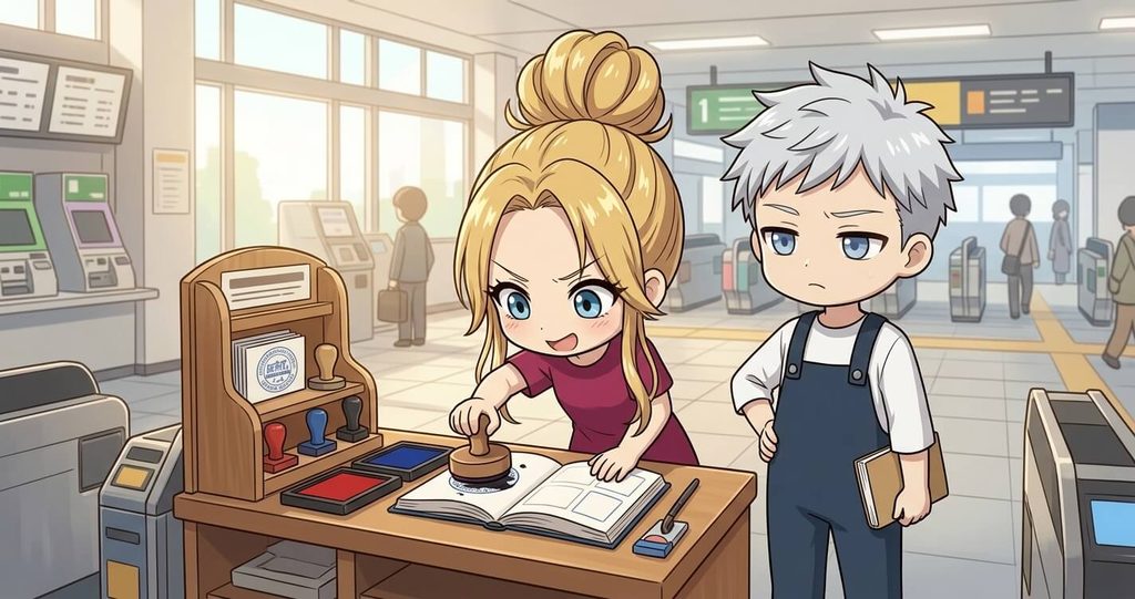 Gusha enthusiastically stamps a travel notebook at a train station while Kenja watches beside her.
