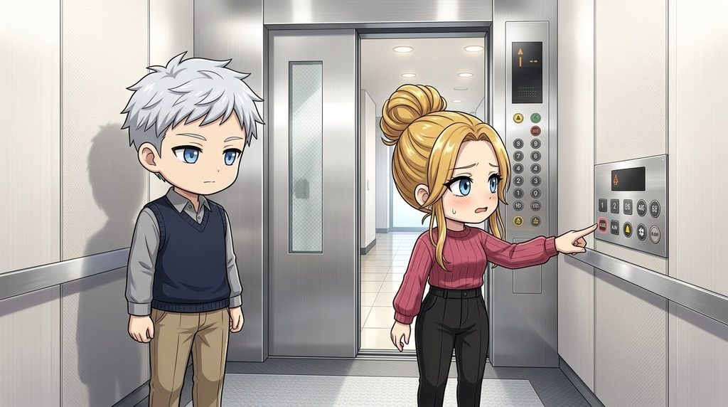 A blonde woman anxiously reaches for the elevator door-close button while a calm silver-haired man watches beside her.