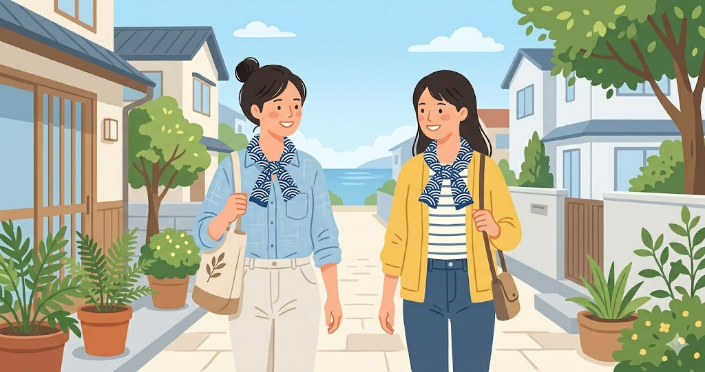 A refreshing summer figure walking with a hand towel around their neck.