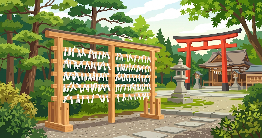 A wooden *omikuji* (fortune slip) rack within the grounds of a shrine. Numerous white paper fortune slips are tied to it, with a stone lantern and a *torii* gate visible in the background. Bathed in natural daylight, the scene captures the serene atmosphere typical of a Japanese shrine.