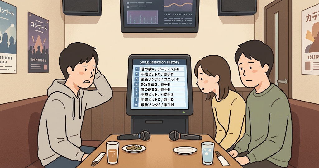 A private room in a typical Japanese karaoke box. A table with drinks sits in the foreground, while a touchscreen song-selection terminal is placed in the center. The terminal's screen displays a "Song Selection History," listing about ten songs from various eras and genres in a vertical column. A woman is peering intently at the screen, deep in thought, while a man beside her looks on with an expression of exasperation.
