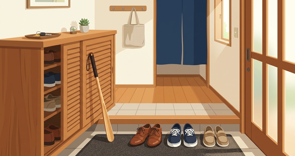 A bright Japanese entryway. A standard long shoehorn stands propped up next to a wooden shoe cabinet. A few pairs of leather shoes and sneakers are neatly lined up in the entryway.