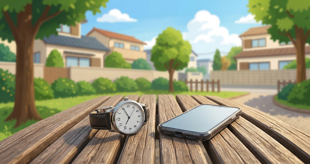 A small park in a residential neighborhood on a sunny summer afternoon. A wristwatch sits beside a bench; next to it, a smartphone lies face down.