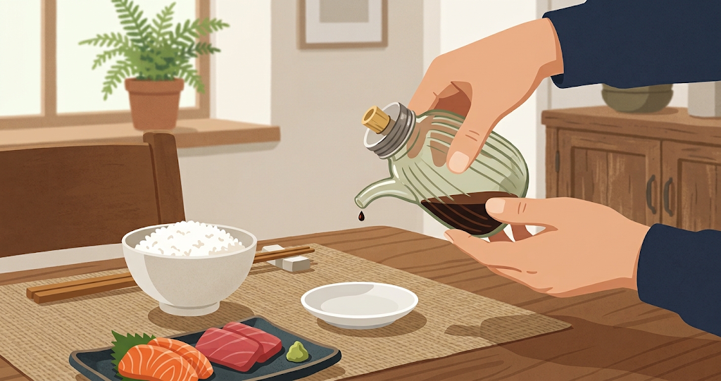 He holds an old-fashioned transparent glass soy sauce jug that is placed on the dining table at home in his hand and slowly tilts it. There was only a small amount of strong soy sauce left in the soy sauce jug, and it looked like a drop was about to fall from the spout. In the background, white rice, a small plate of sashimi, chopsticks, and a white ceramic soy sauce plate are placed naturally.