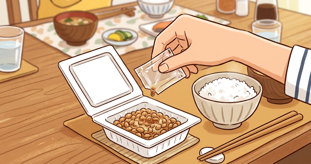 A white styrofoam natto pack is placed on the dining table, and a small natto sauce bag is in his hand, trying to squeeze out the last drop. There are chopsticks and a bowl of white rice next to it, giving it a natural breakfast feel.