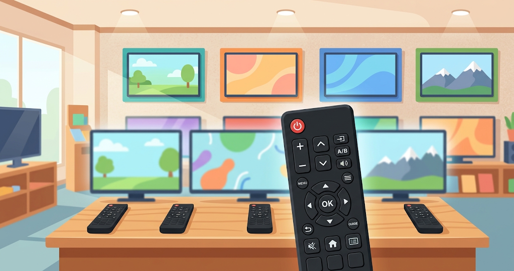A television display section in an electronics retail store. Multiple flat-screen TVs line an entire wall, with a black remote control placed in front of each one. The remote in the foreground is shown in close-up, revealing an array of buttons that includes frequently used controls—such as power, volume, and channel—alongside many others that are rarely touched, such as "Input Select," "Subtitles," and "Audio Select."