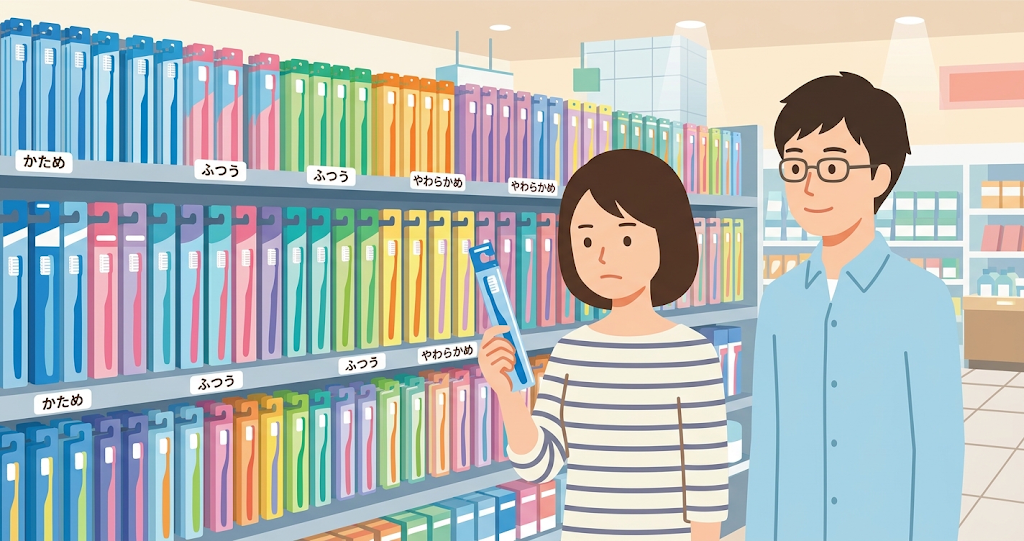 A vast array of toothbrushes in various colors and shapes is lined up, with packaging indicating differences such as "medium," "soft," and "firm." Standing before the display, a woman picks up a toothbrush with a serious expression, while a man watches calmly from the side.