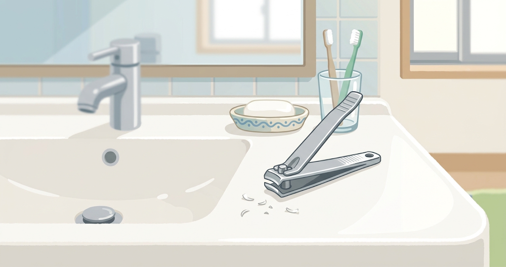 A standard metal nail clipper sits on a white bathroom vanity, with a few small clippings scattered around it. The clipper is not closed; the lever is slightly raised, as if it were in the middle of use. The faucet and mirror are faintly visible in the background.