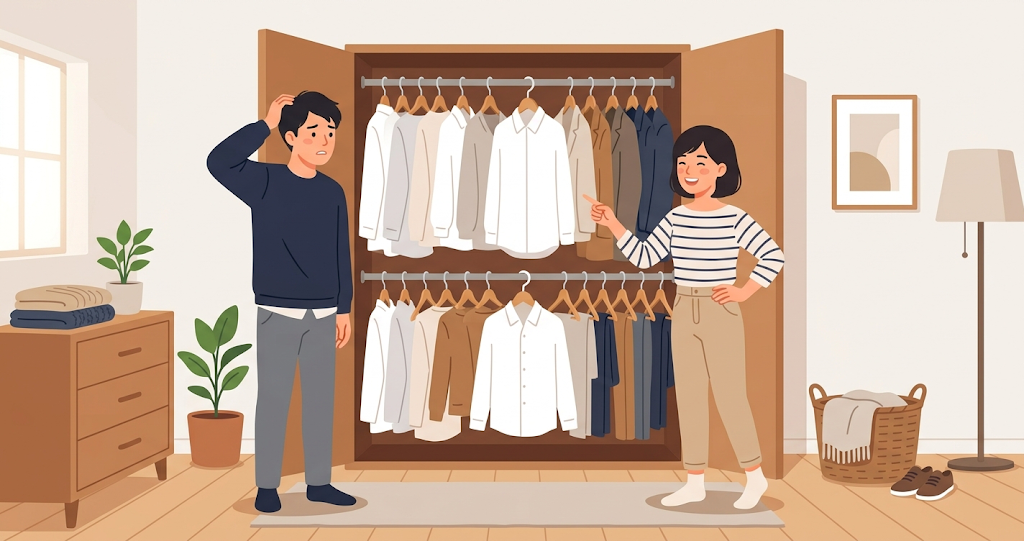 The scene depicts a home bedroom or the area in front of a closet, where a man and a woman are talking while looking at the closet. Inside, items such as white or light-colored shirts, jackets, and trousers are hanging; while most of the hangers face the same direction, a single hanger near the center is turned the opposite way. The woman points at that specific hanger with a look of mild triumph, while the man gazes at it with a troubled expression.