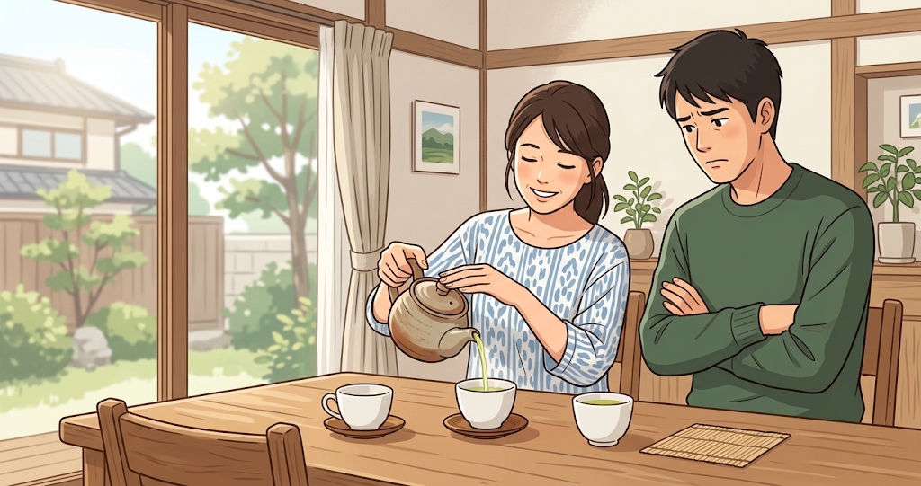 A woman is pouring Japanese tea into a teacup, holding the handle of the teapot with her right hand while gently pressing down on the lid with the fingers of her left hand. Beside her, a man stands with his arms crossed, looking at the teacup with a slightly troubled expression.