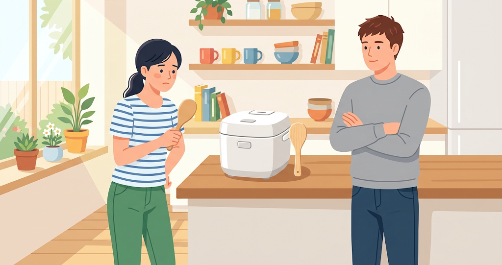 In a bright, homey dining kitchen, a white rice cooker sits on a central counter with a rice paddle propped up beside it; the cooker is closed, having just finished cooking the rice. On the left side of the frame, a woman holds the paddle in one hand and gazes intently at the rice cooker, appearing slightly undecided. On the right, a man stands with his arms crossed, calmly watching her. Both are dressed in casual clothes and wear natural expressions.