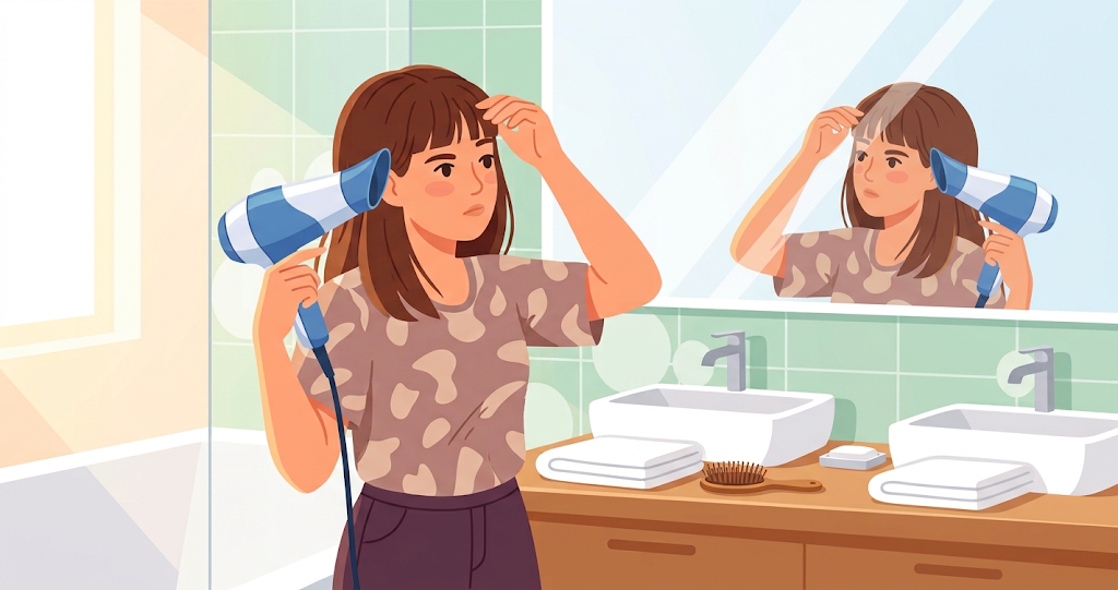 In a home bathroom, a woman stands before the mirror; holding a hair dryer in one hand and touching her bangs with the other, she gazes intently at the switch for toggling between hot and cool air. A white towel and a hairbrush rest on the vanity.
