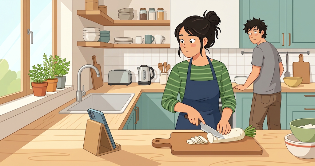 A woman is slicing a daikon radish on a cutting board; holding a kitchen knife, she glances back slightly, her attention drawn to her smartphone. A man stands a short distance away, looking at both the woman and the smartphone.