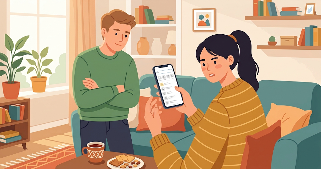 In the living room of a home, a woman holds her smartphone with both hands, gazing at the search screen without having typed anything into the input field yet; she peers at the screen with a slightly puzzled expression, while a man beside her looks calmly at the smartphone with his arms crossed.