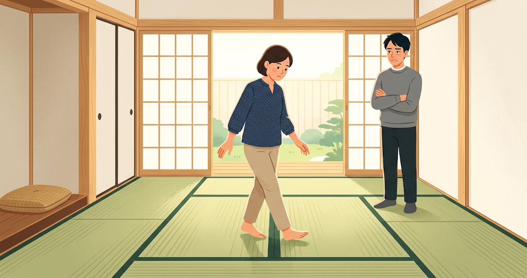 In a clean Japanese-style room floored with about four tatami mats, a woman moves forward cautiously, her expression serious as she watches her feet to avoid stepping on the mat edges. A man stands a short distance behind her, arms crossed, looking at her with an air of exasperation.