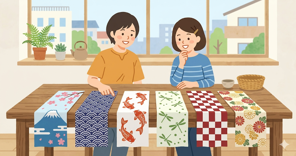 Several tenugui (Japanese hand towels) were lined up on the table, each with a different pattern.