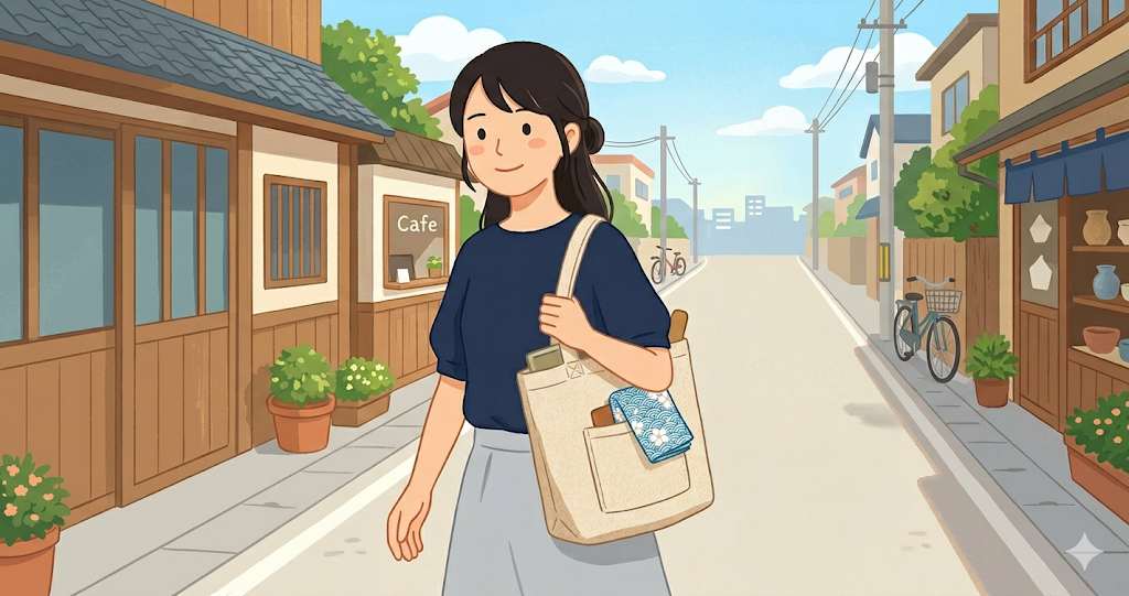 A small portion of a hand towel is visible peeking out of the bag's pocket.