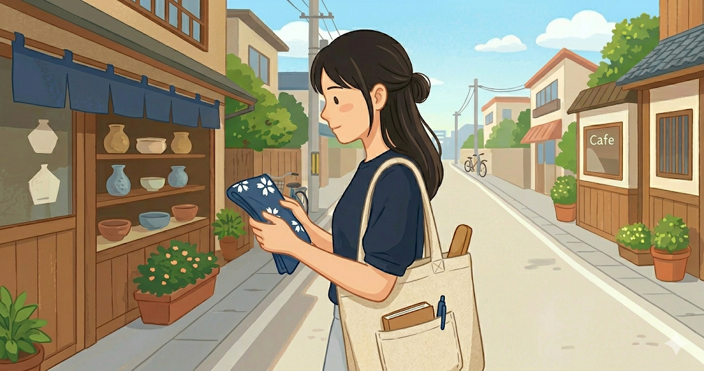 She picks up a simple blue hand towel and seems to be thinking about it for a moment.