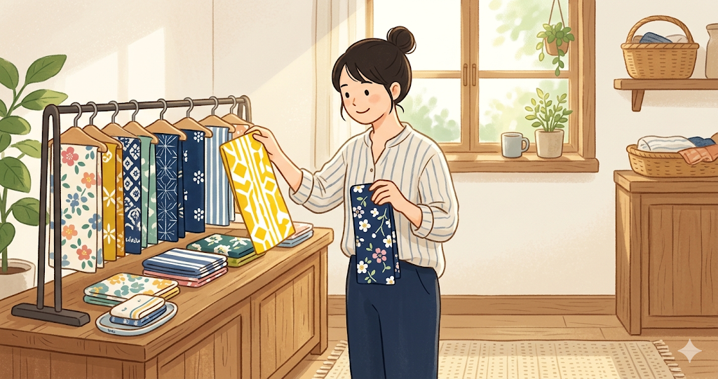 In the morning light, she is choosing one hand towel from several options.