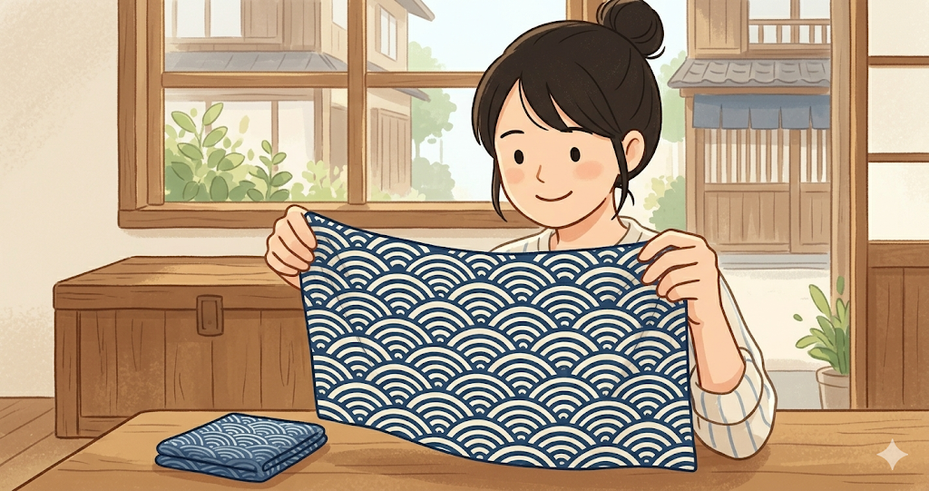 A close look at a tenugui (Japanese hand towel) with a seigaiha (wave) pattern.