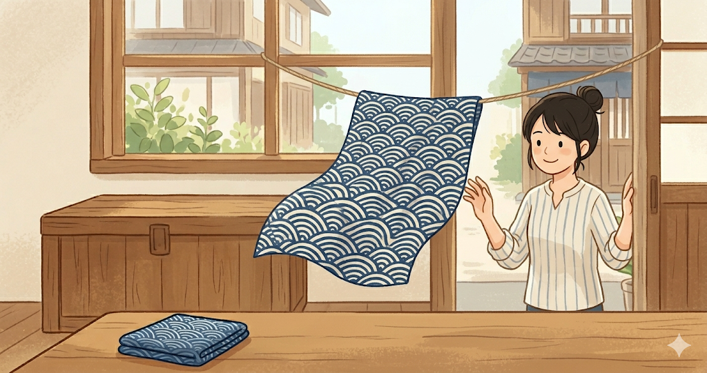A tenugui (Japanese hand towel) with a seigaiha (wave) pattern is gently swaying in the breeze.