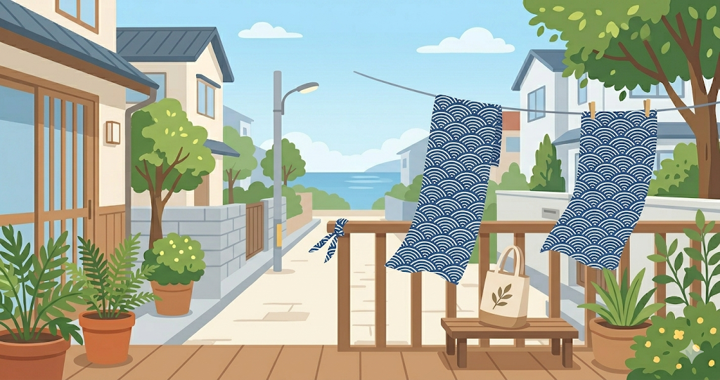 A scene of a hand towel fluttering on a balcony.