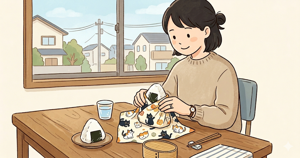 A picture of someone wrapping a rice ball in a cat-patterned tenugui (Japanese hand towel).
