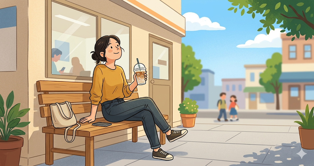 An image of an afternoon spent idly gazing at the sky while holding an iced latte on a bench in front of a convenience store.