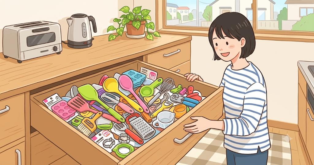 Imagine a kitchen drawer overflowing with items from a 100-yen store, creating a bit of chaos.