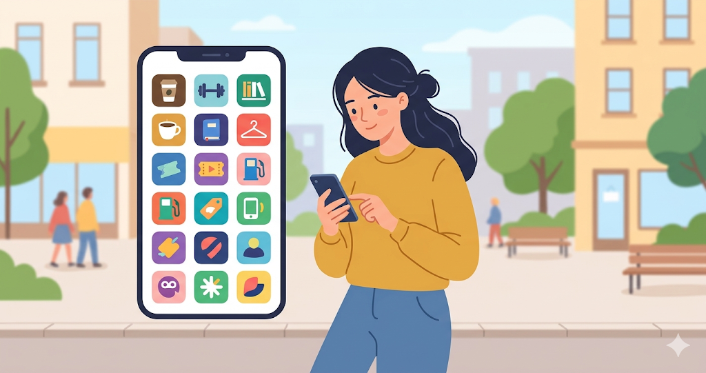 An image of a woman looking at numerous membership apps lined up on her smartphone screen.