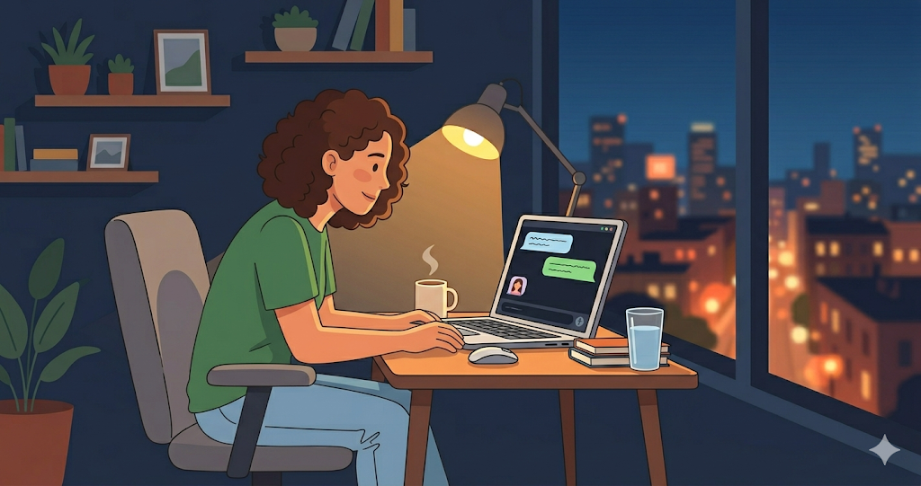 An image of a woman sitting in her room late at night, staring at an AI chat on her laptop.