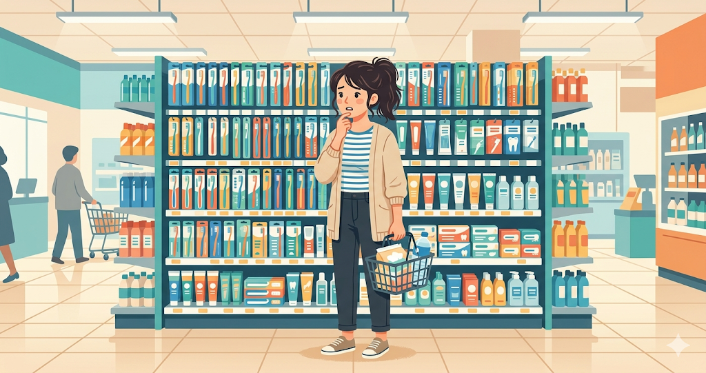 An image of a woman looking bewildered in front of the toothbrush shelf at a drugstore.