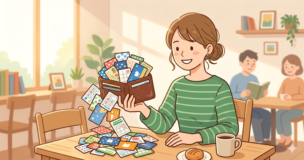 Image of multiple stamp cards overflowing from a wallet
