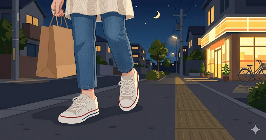 A quiet image of looking down at sneakers on the way home from a convenience store at night.