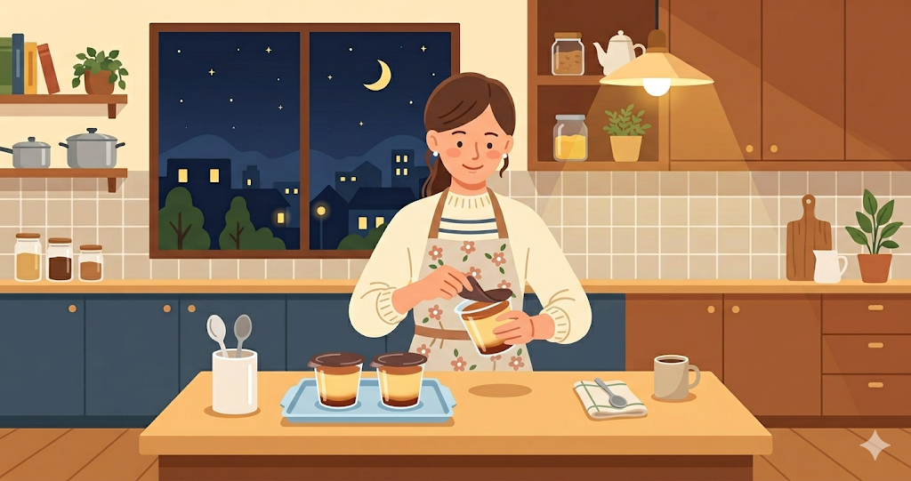 An image of a woman in a kitchen at night, transferring pudding into a small dish and looking somewhat satisfied.