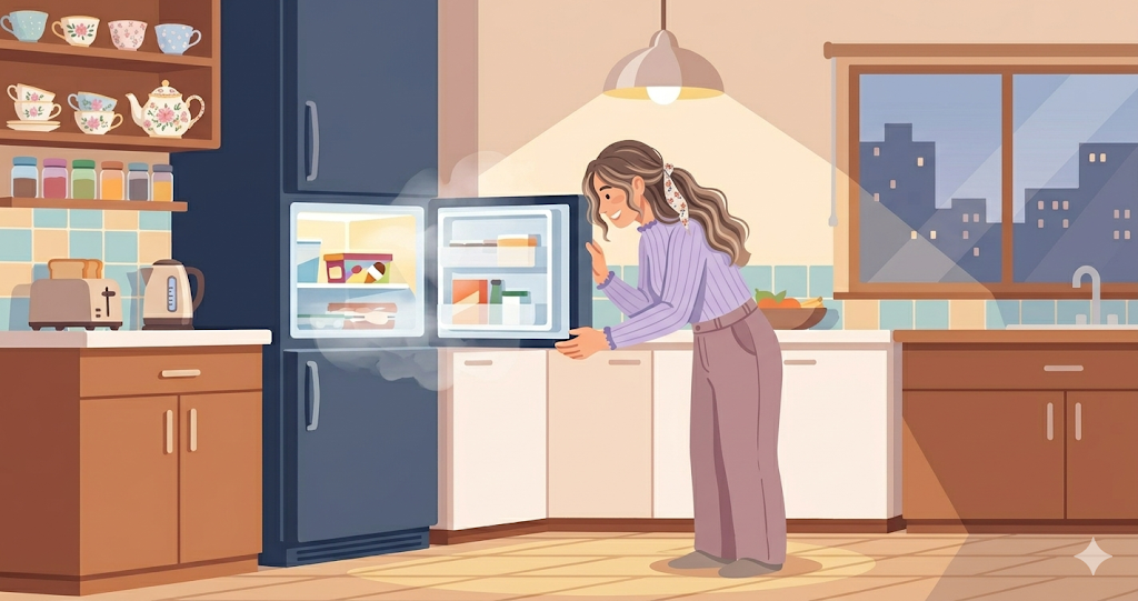 The image of a woman in a kitchen late at night, opening the freezer and gazing at a small box of sweets.
