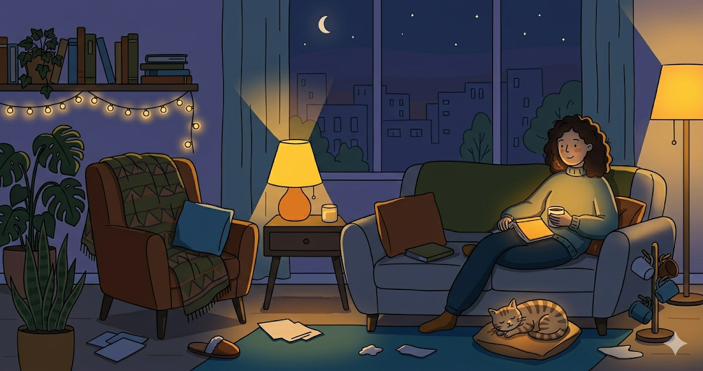 The image is of a slightly messy but calming room with small indirect lighting and houseplants.