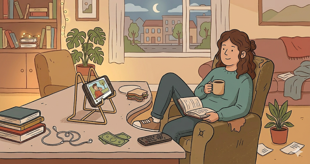 The image is of a slightly messy but calming room with small indirect lighting and houseplants.