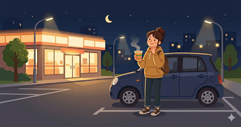 Image of a woman thinking while holding a cup of ramen in a convenience store parking lot late at night