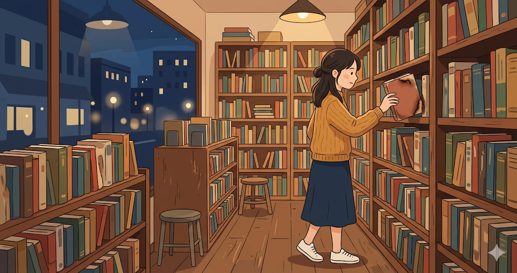 A quiet image of a woman picking up a slightly burnt paperback book at a used bookstore at night.