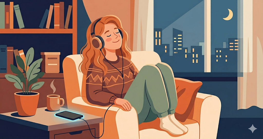 An image of listening to music with your smartphone face down in a quiet room late at night.