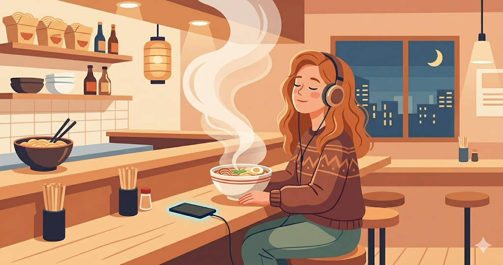 An image of sitting at a ramen restaurant, putting your smartphone down and staring blankly at the steam.