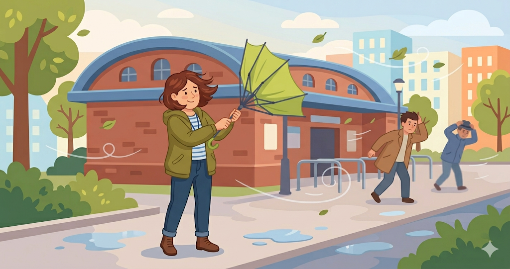An image of someone trying to fix a folding umbrella that has been turned inside out by strong winds.