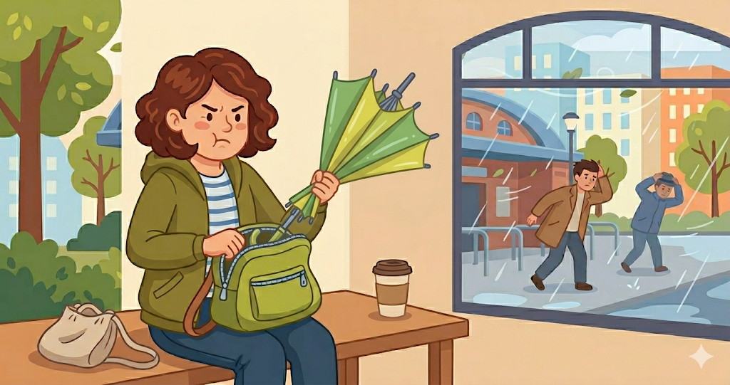 A comical image of forcing a wet folding umbrella into a bag.