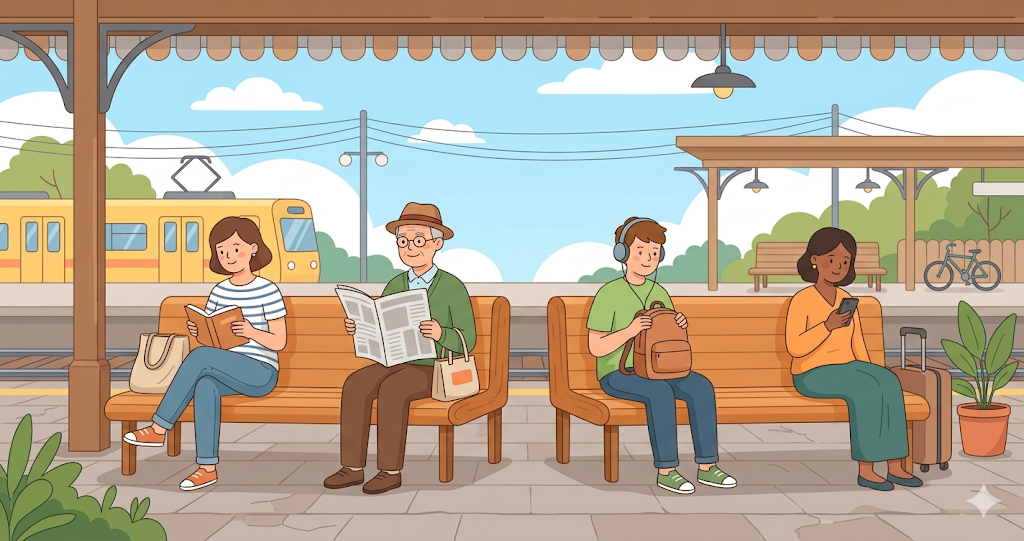 A peaceful scene of people sitting on wooden benches at a local train station, waiting for their train.