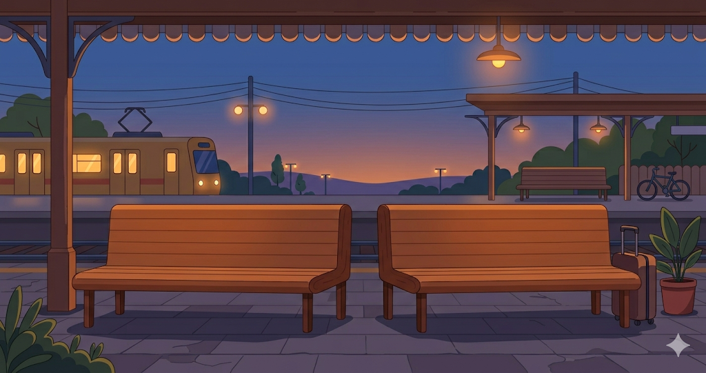 A quiet scene of people waiting for a train on the platform at dusk, with empty benches.